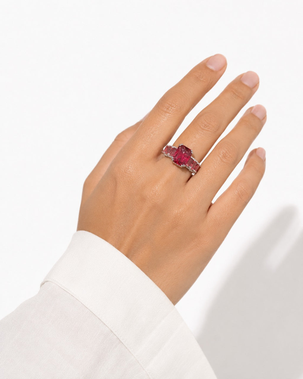 Emerald-Cut Pink Sapphire Eternity Ring - Zari and Zevar