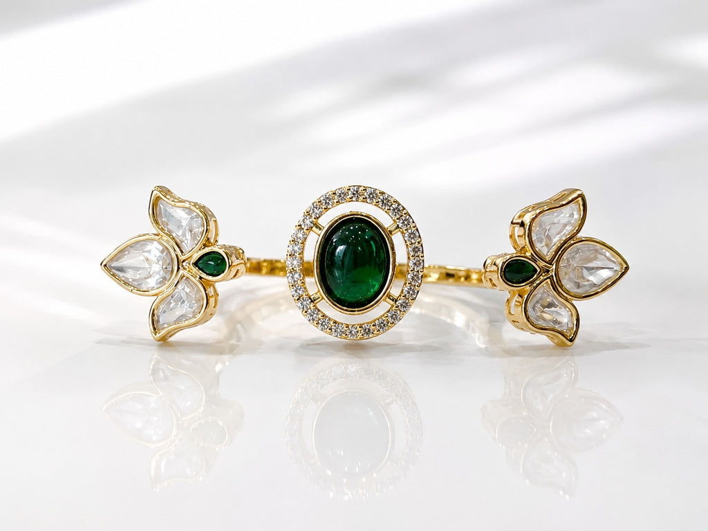 Emerald Polki Stone Ring - Zari and Zevar