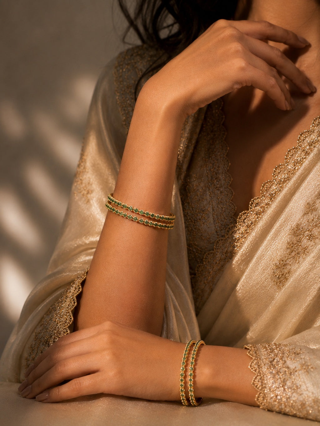 Green Emerald Stones Bangles - Zari and Zevar