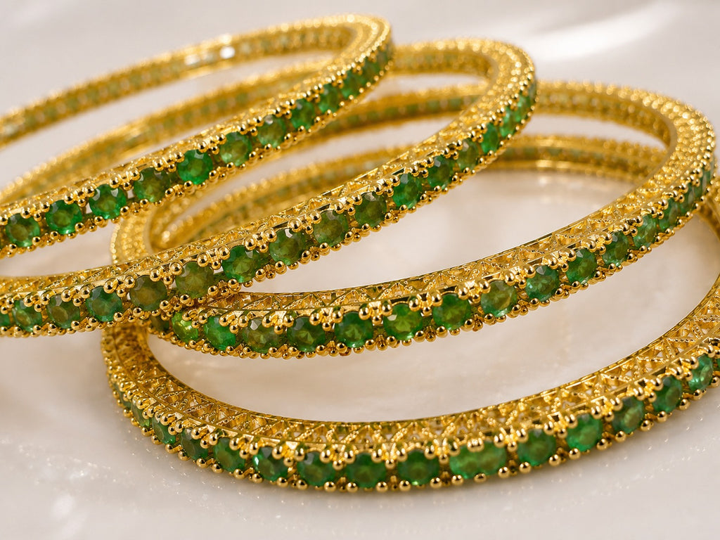 Green Emerald Stones Bangles - Zari and Zevar