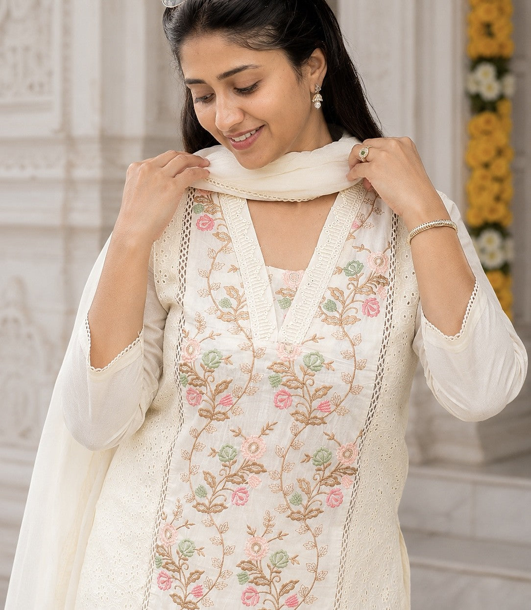 Ivory Blossom Kurti Set - Zari and Zevar