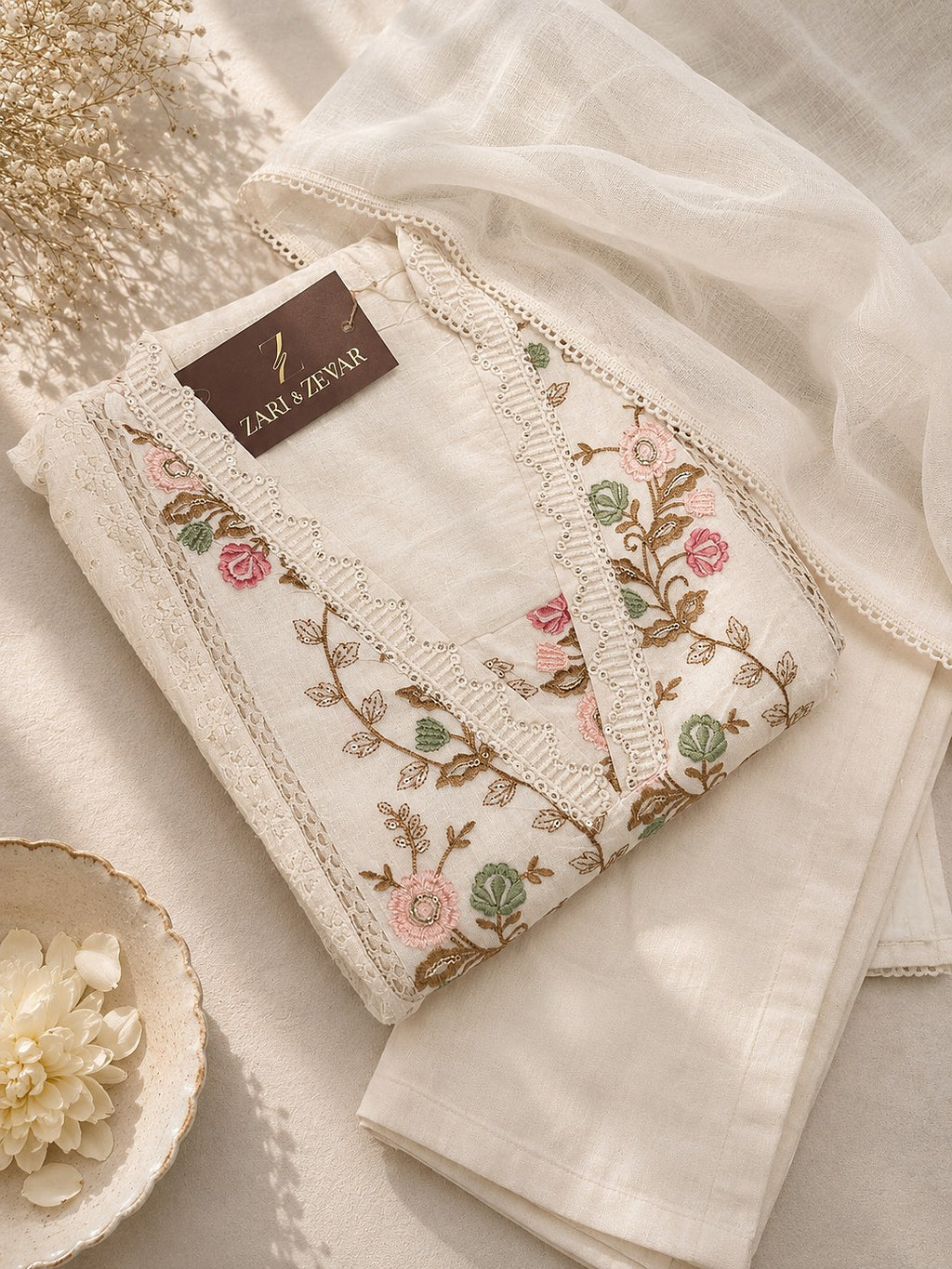 Ivory Blossom Kurti Set - Zari and Zevar