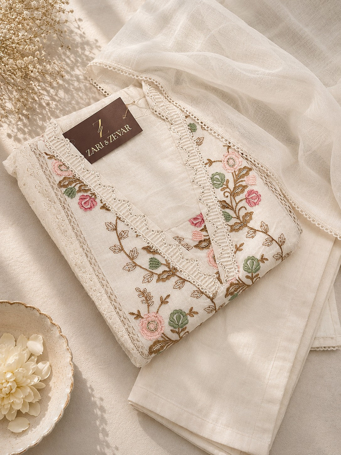 Ivory Blossom Kurti Set - Zari and Zevar