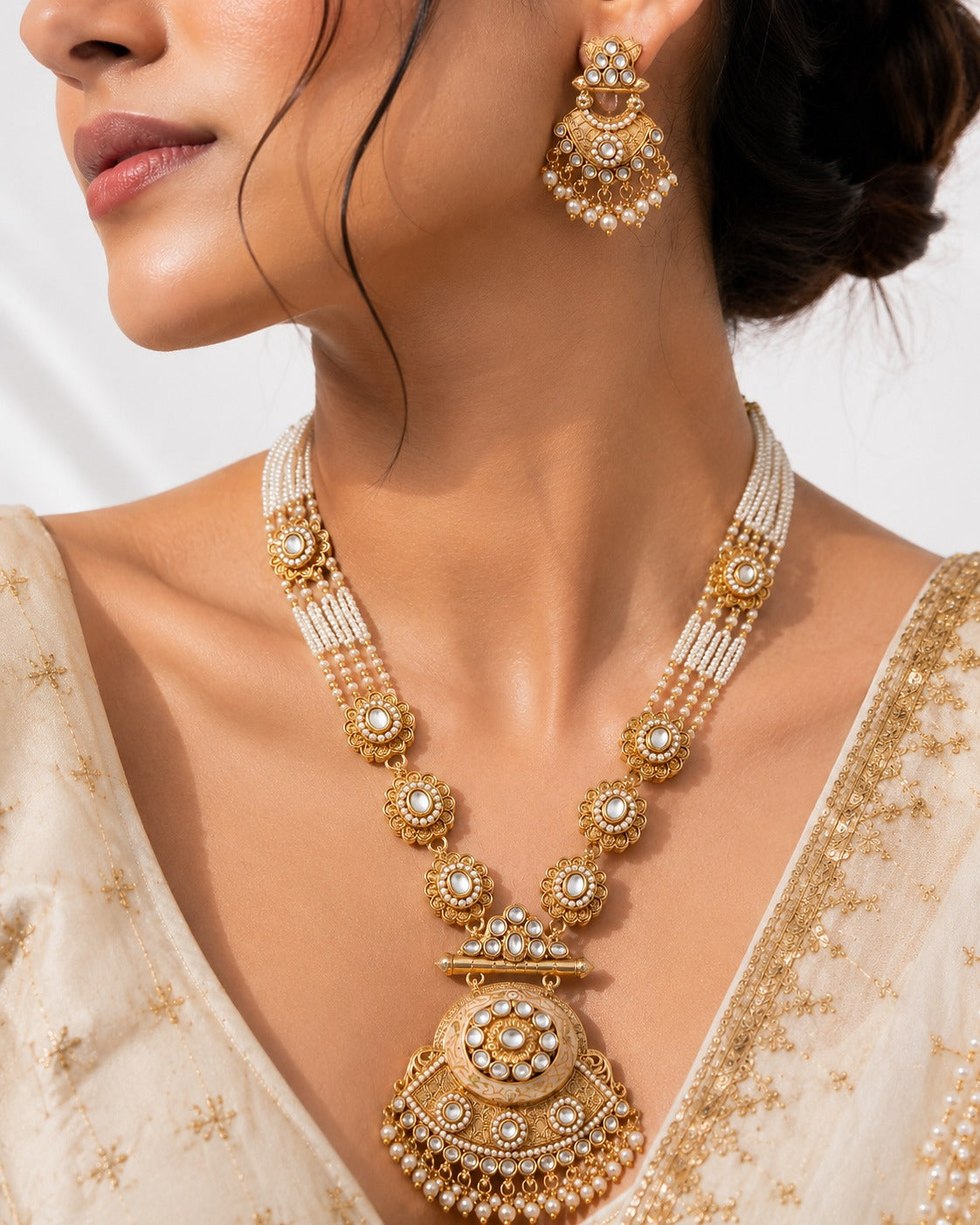 Long Pastel Necklace Marquise Crystal Kundan - Moti chain With Earings - Zari and Zevar