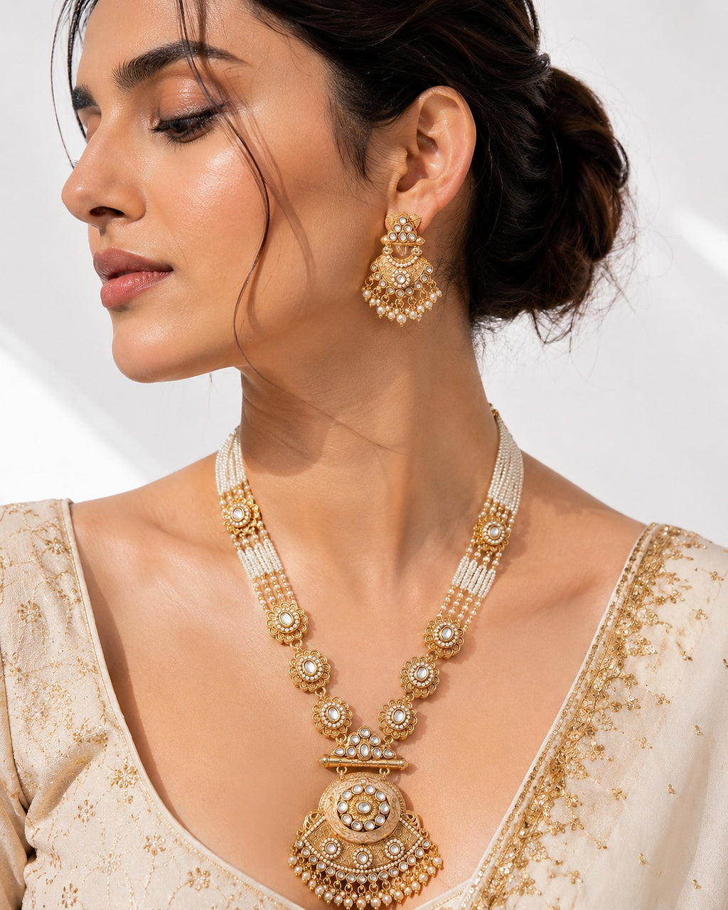 Long Pastel Necklace Marquise Crystal Kundan - Moti chain With Earings - Zari and Zevar