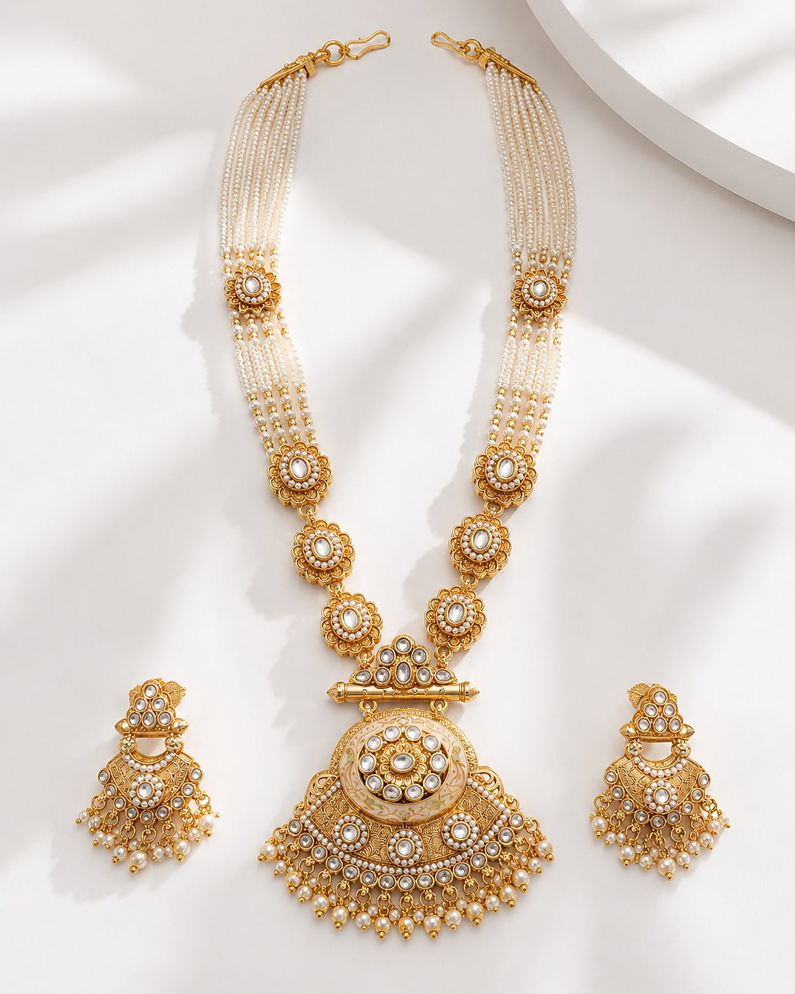 Long Pastel Necklace Marquise Crystal Kundan - Moti chain With Earings - Zari and Zevar