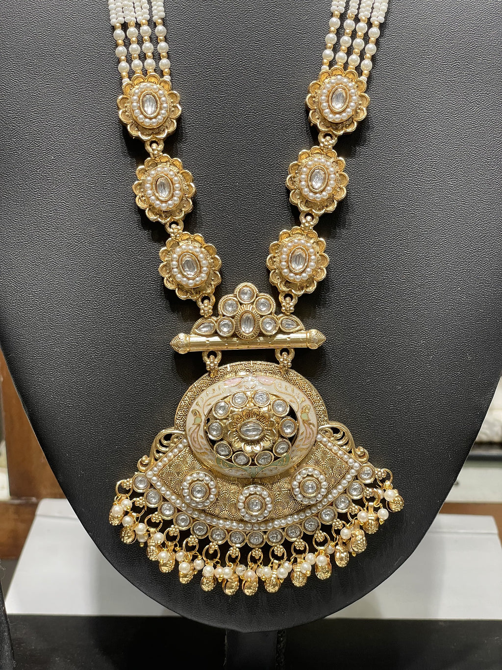 Long Pastel Necklace Marquise Crystal Kundan - Moti chain With Earings - Zari and Zevar