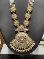 Long Pastel Necklace Marquise Crystal Kundan - Moti chain With Earings - Zari and Zevar