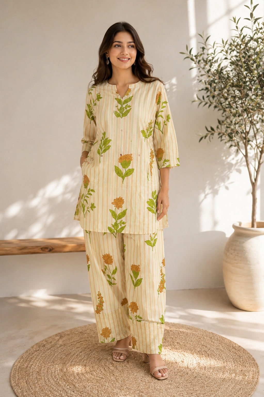 Mirror Work Botanical Beige Co-ord Set - Zari and Zevar