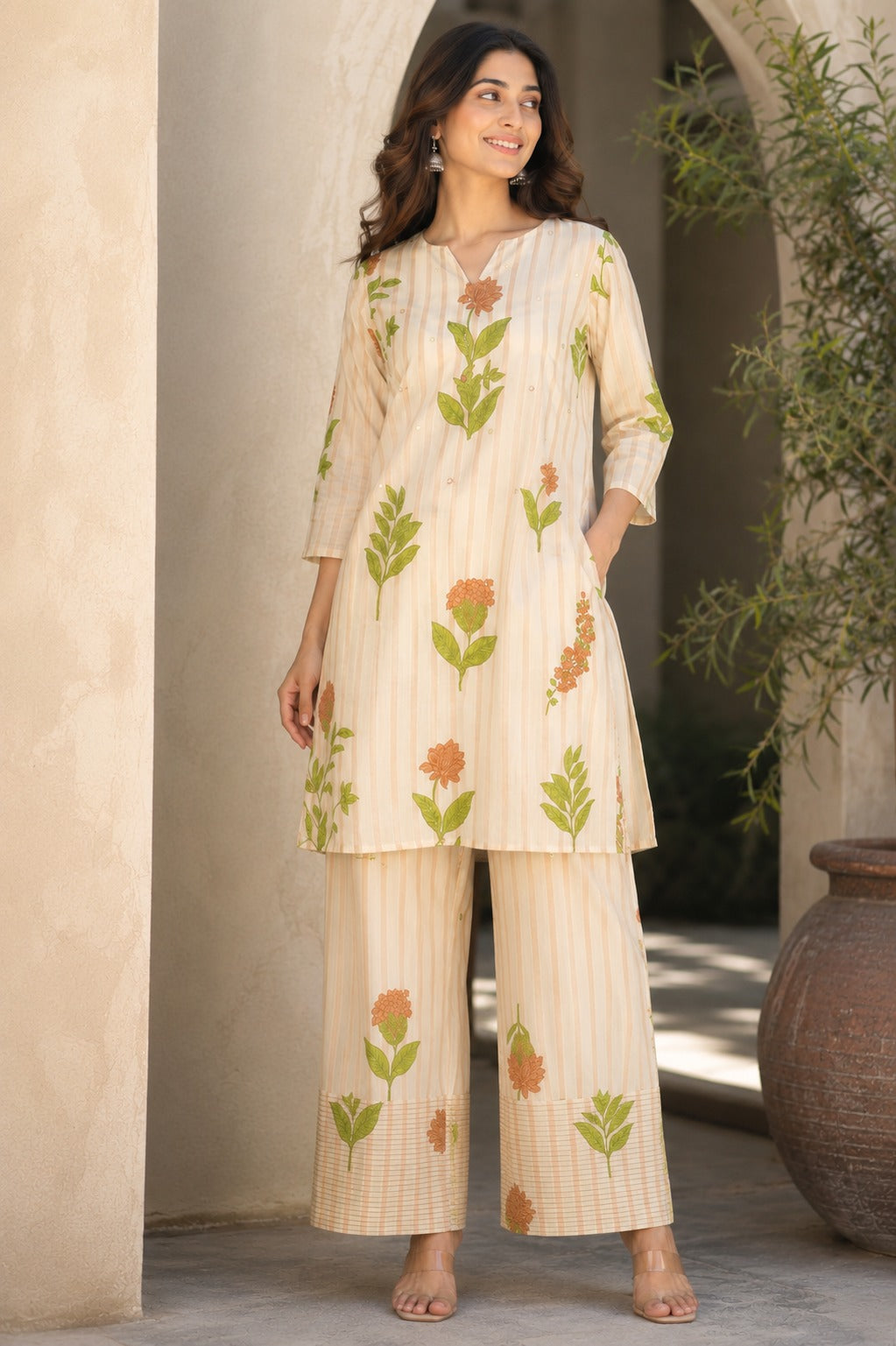 Mirror Work Botanical Beige Co-ord Set - Zari and Zevar