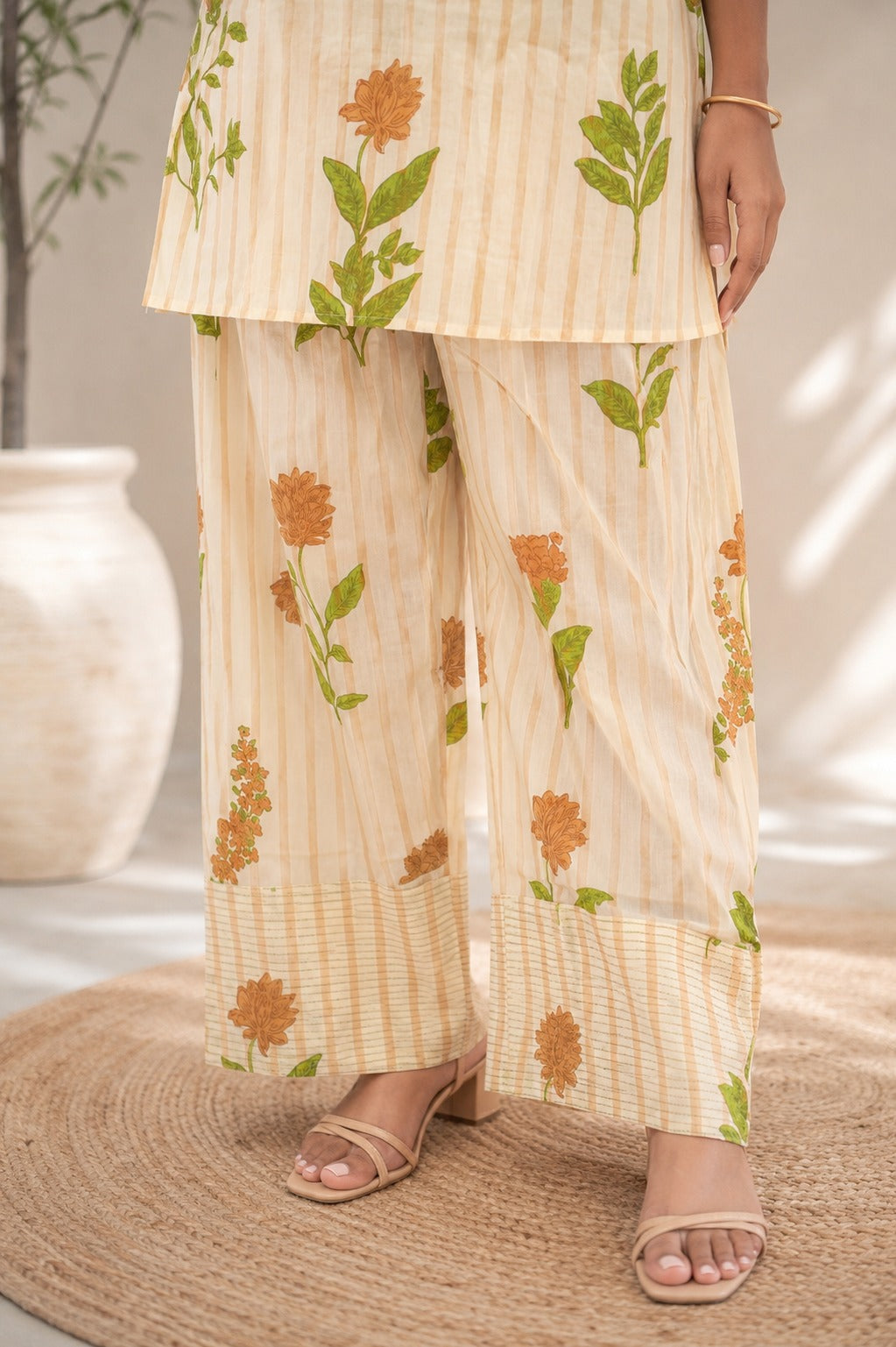 Mirror Work Botanical Beige Co-ord Set - Zari and Zevar
