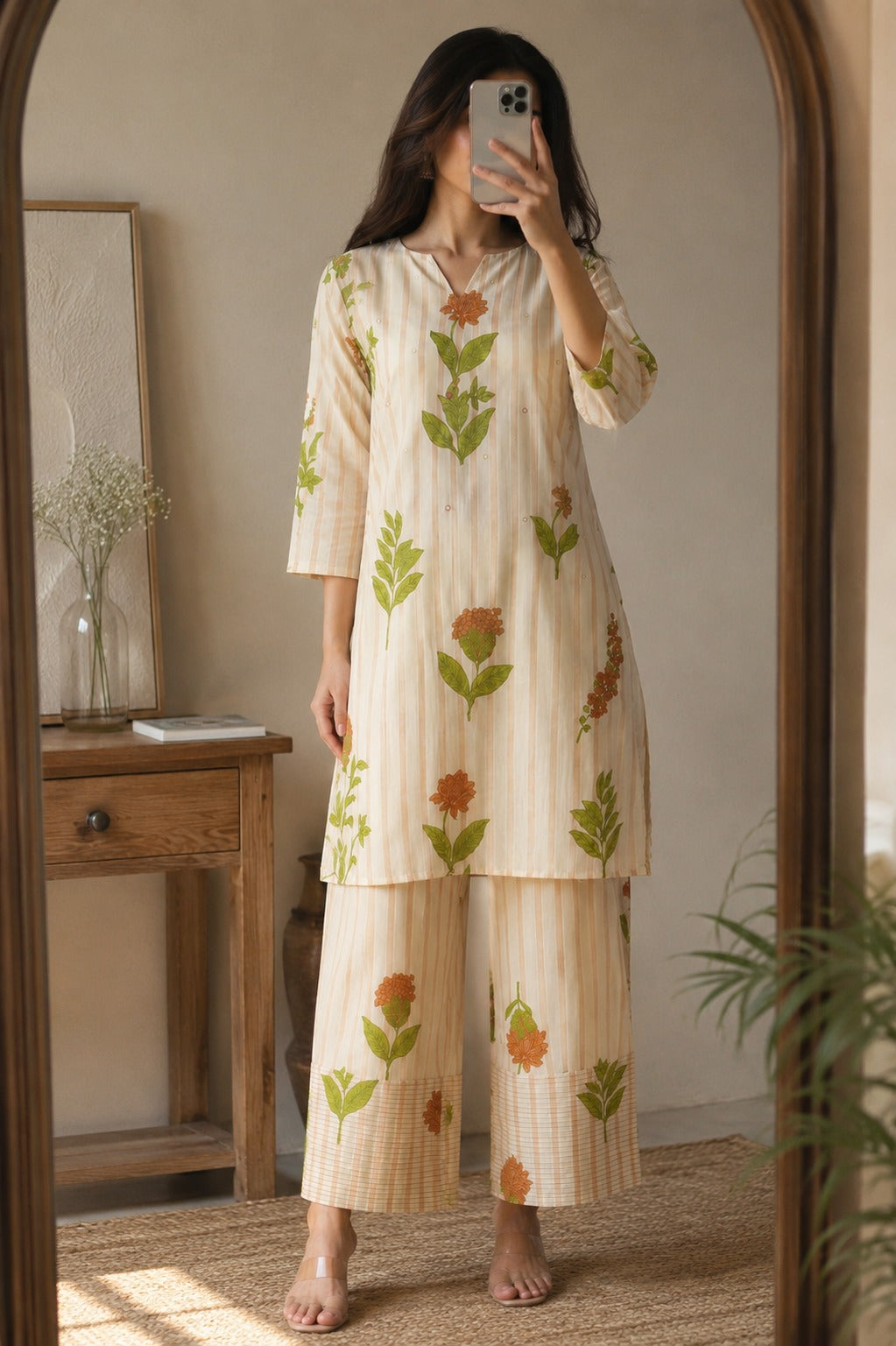 Mirror Work Botanical Beige Co-ord Set - Zari and Zevar