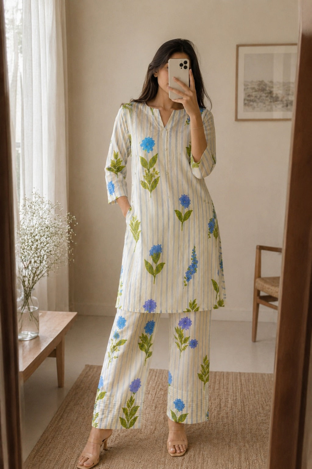 Mirror Work Botanical Blue Co-ord Set - Zari and Zevar