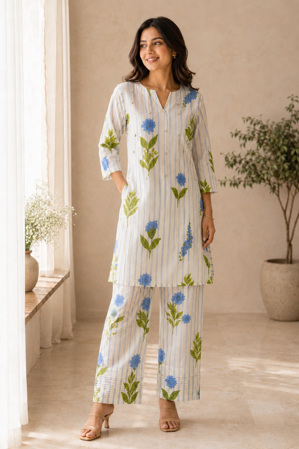 Mirror Work Botanical Blue Co-ord Set - Zari and Zevar