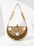 Pearl-Embellished Half-Moon Metal Potli - Zari and Zevar