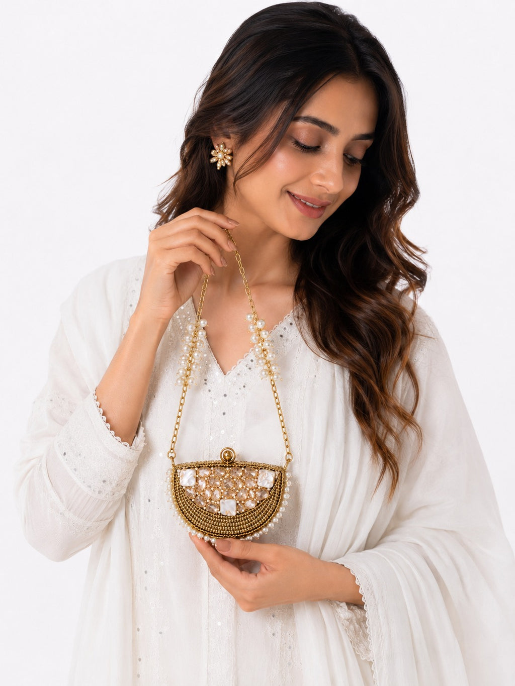 Pearl-Embellished Half-Moon Metal Potli - Zari and Zevar