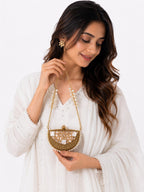 Pearl-Embellished Half-Moon Metal Potli - Zari and Zevar