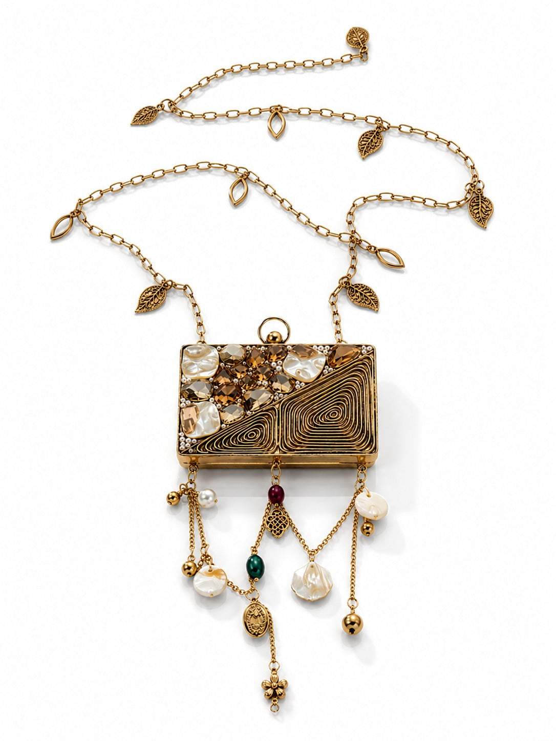 Pearl-Embellished Rectangle Metal Potli - Zari and Zevar
