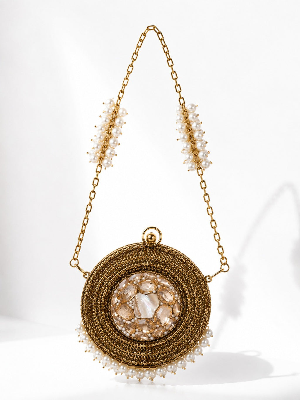 Pearl-Embellished Round Metal Potli - Zari and Zevar