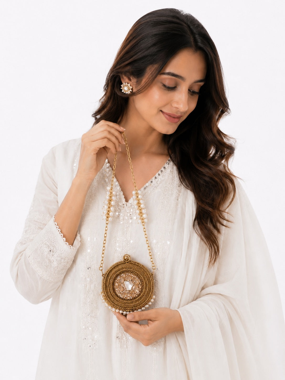 Pearl-Embellished Round Metal Potli - Zari and Zevar