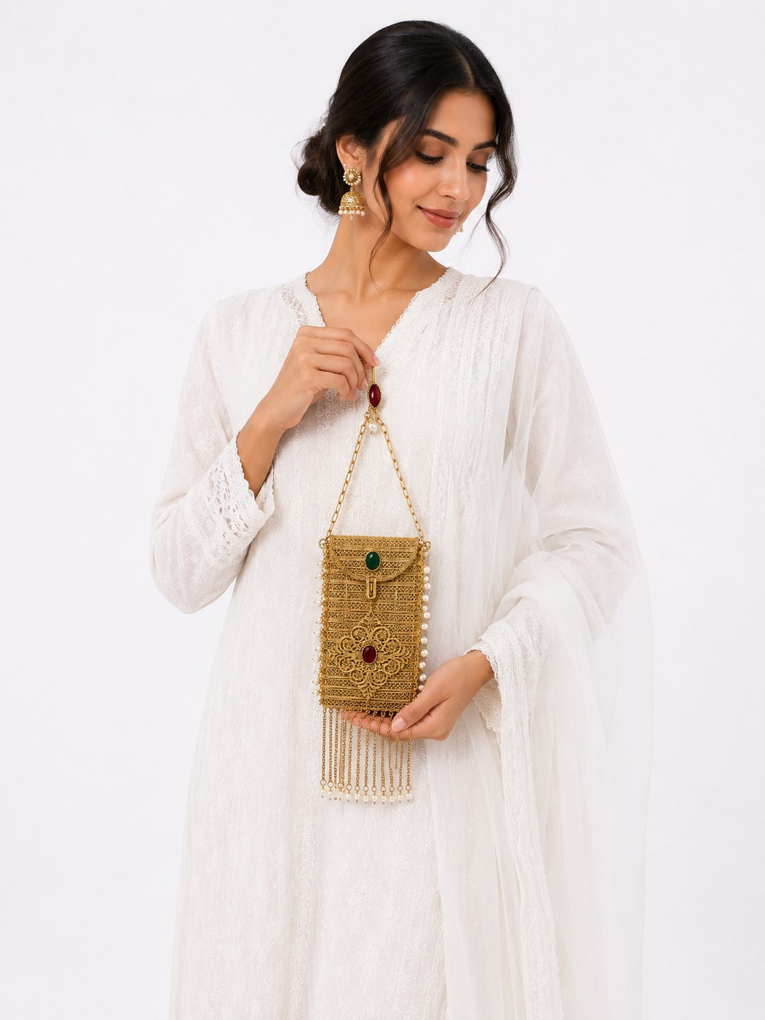 Pearl Tassel Gold Filigree Phone Sling - Zari and Zevar