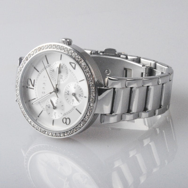 Silver womens watch with crystal-set bezel and white dial
