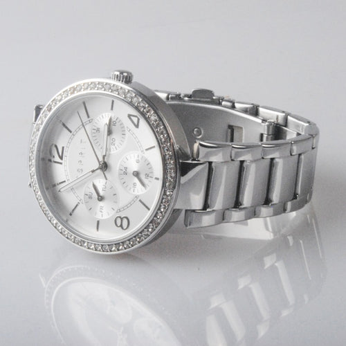 Silver womens watch with crystal-set bezel and white dial