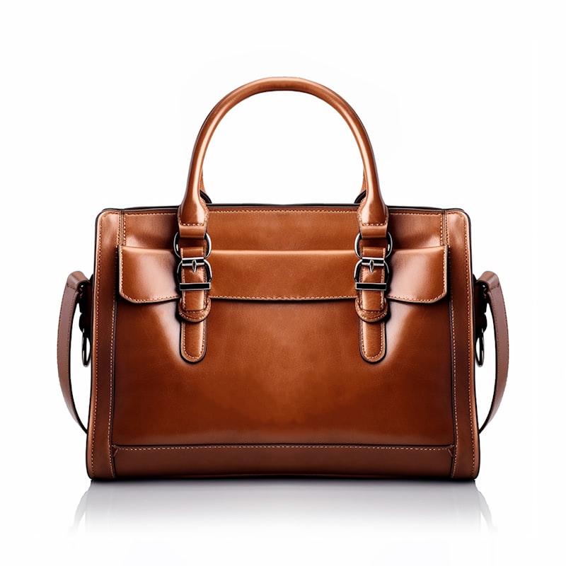Tan cognac leather satchel handbag on a white background