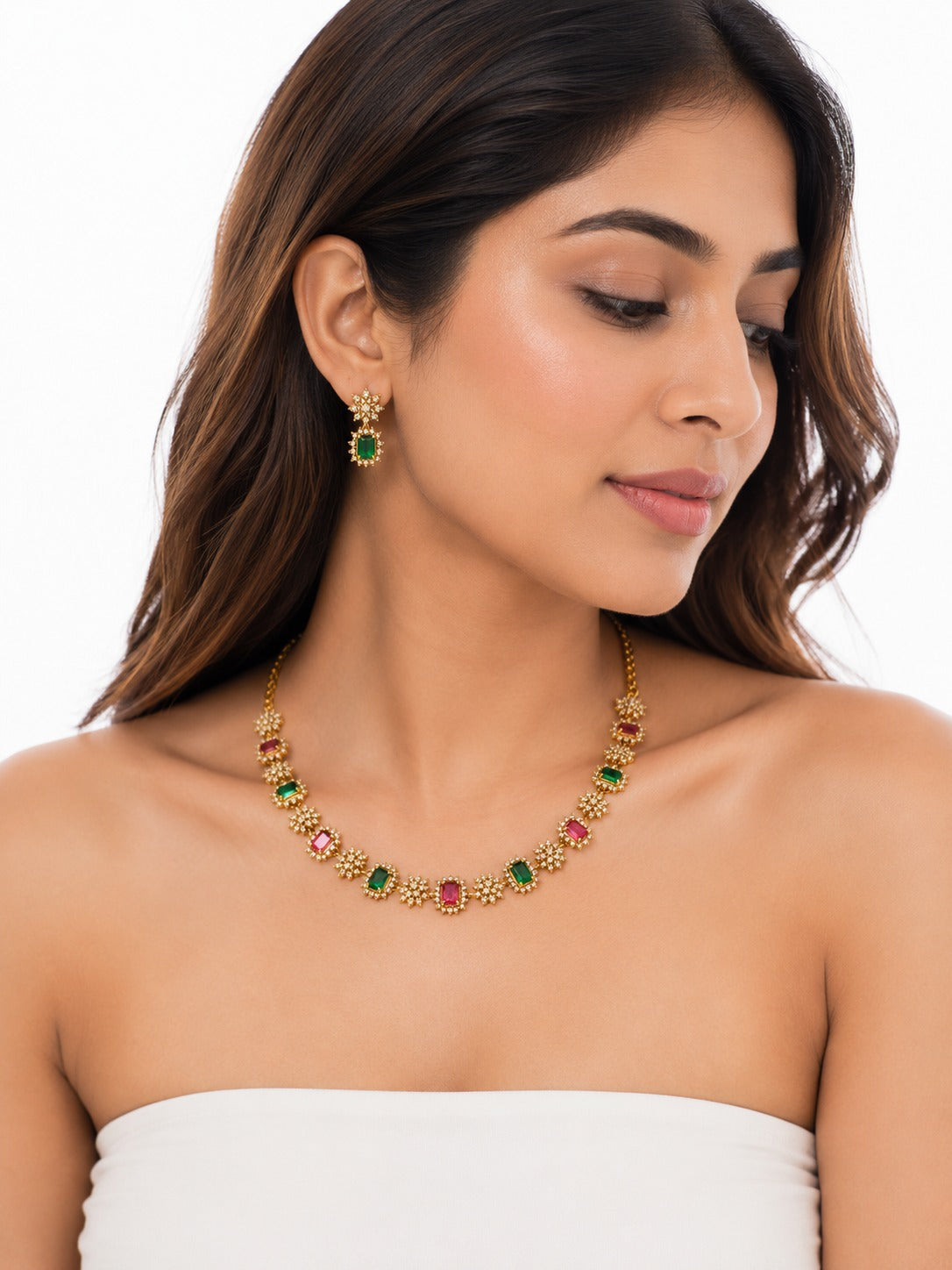 Regal Navratna Style Gemstone Necklace Set - Zari and Zevar