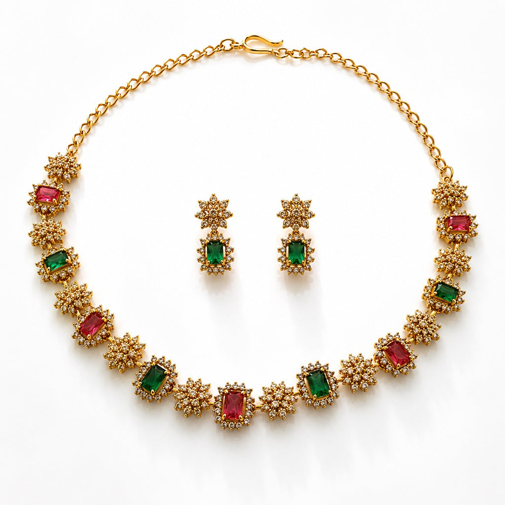 Regal Navratna Style Gemstone Necklace Set - Zari and Zevar