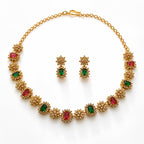 Regal Navratna Style Gemstone Necklace Set - Zari and Zevar