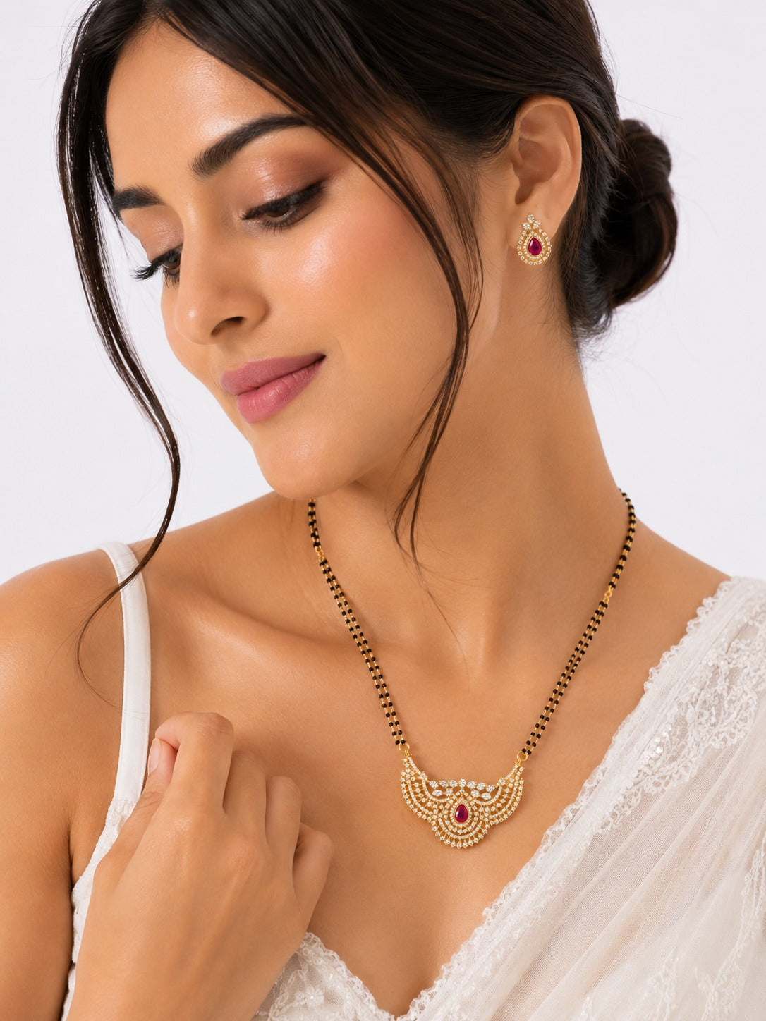 Ruby Crecent Mangalsutra Set - Zari and Zevar
