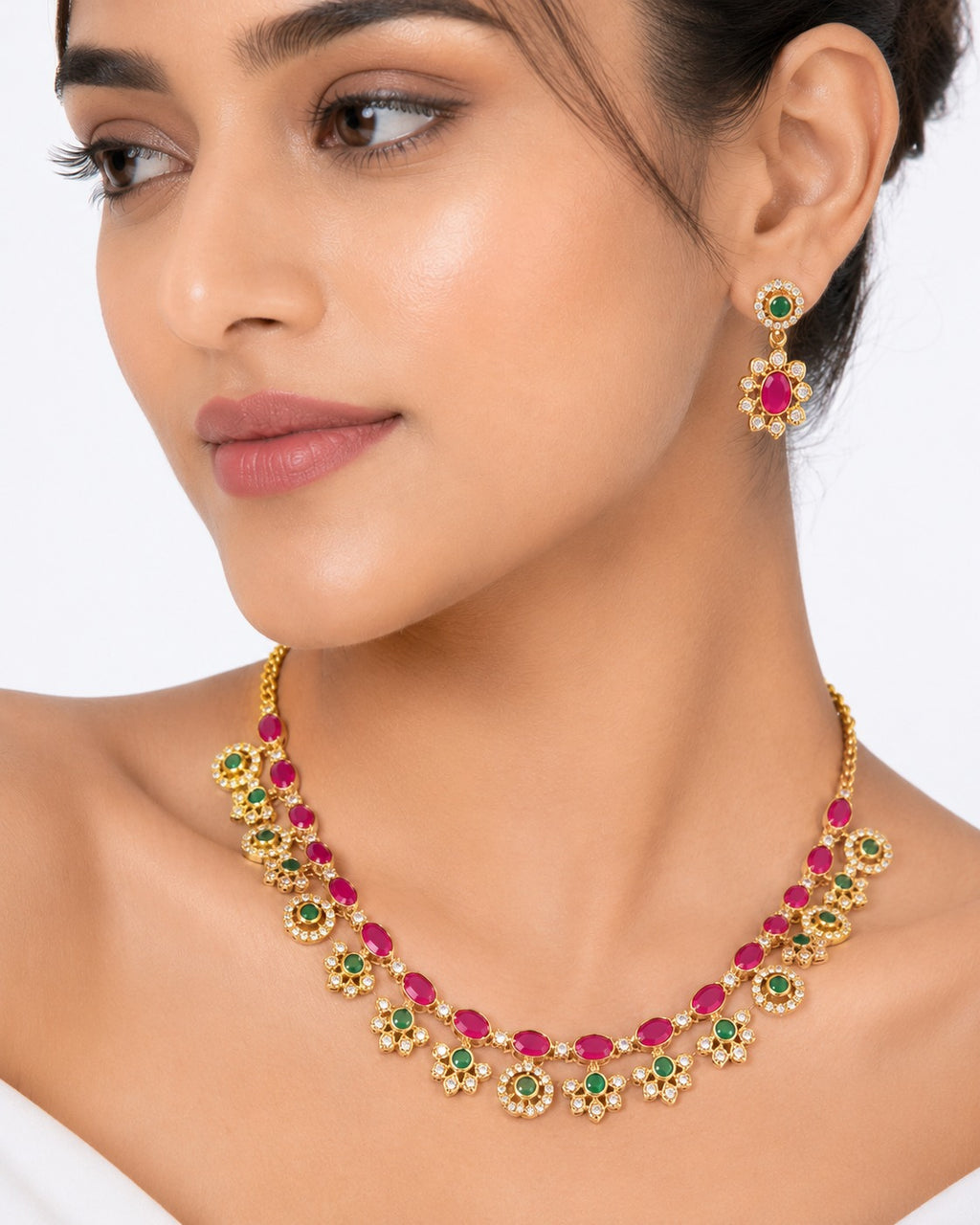 Ruby & Emerald Floral CZ Necklace Set - Zari and Zevar