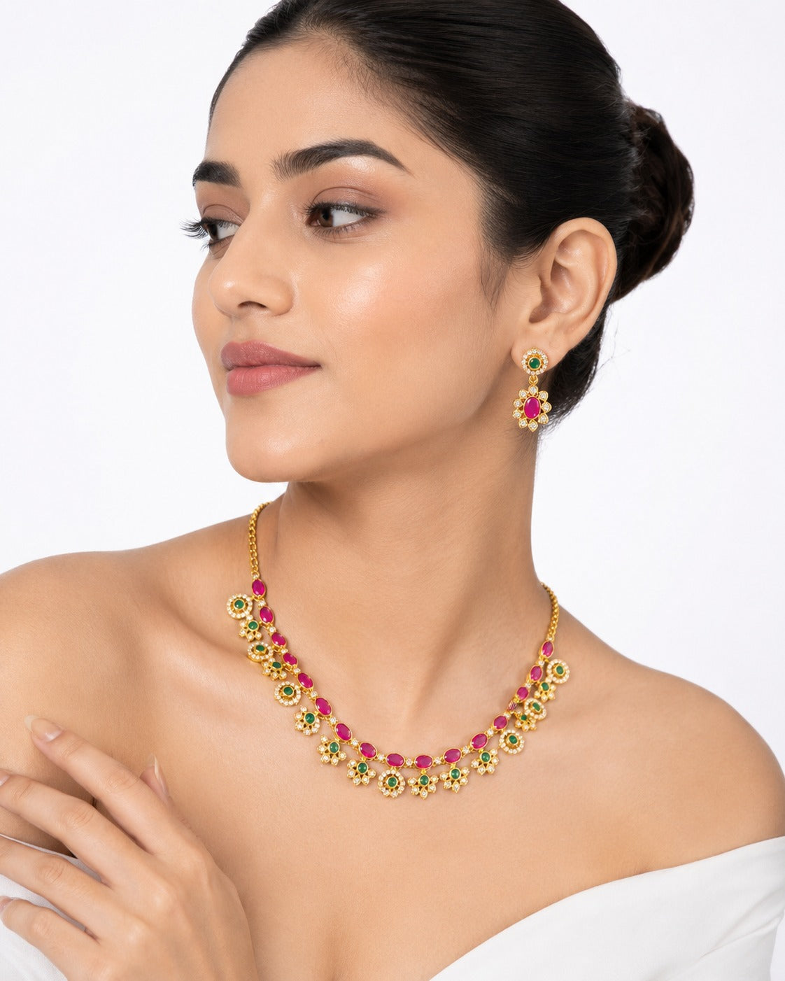 Ruby & Emerald Floral CZ Necklace Set - Zari and Zevar