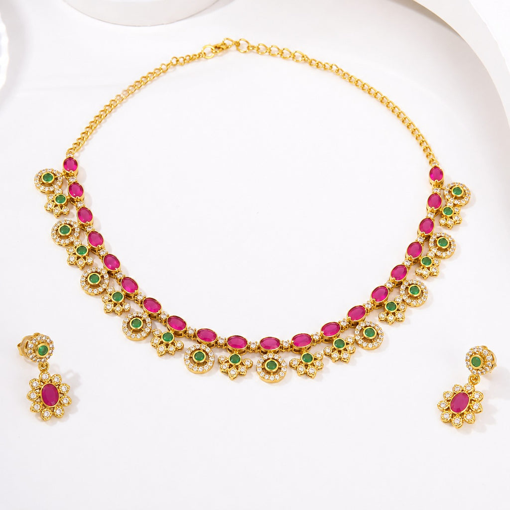 Ruby & Emerald Floral CZ Necklace Set - Zari and Zevar