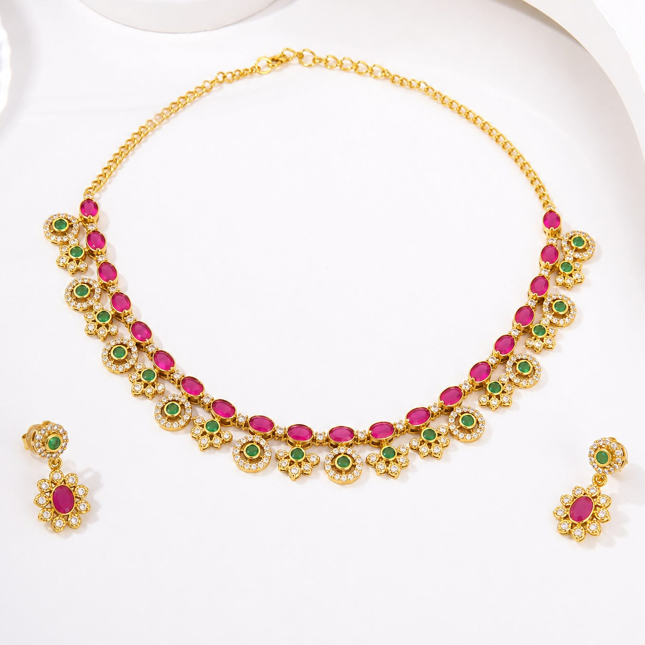 Ruby & Emerald Floral CZ Necklace Set - Zari and Zevar