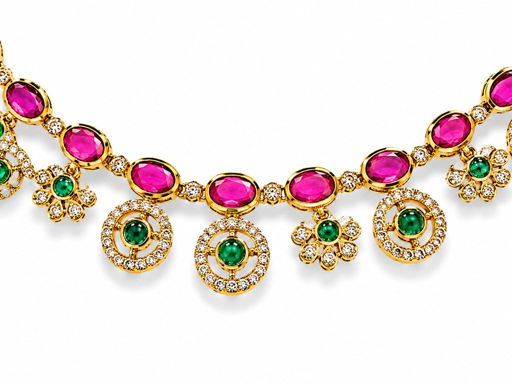 Ruby & Emerald Floral CZ Necklace Set - Zari and Zevar