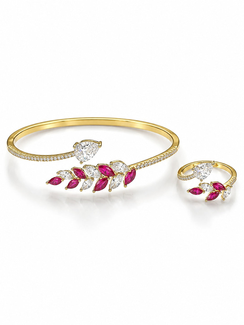 Ruby Leaf Crystal Bracelet & Ring Set - Zari and Zevar
