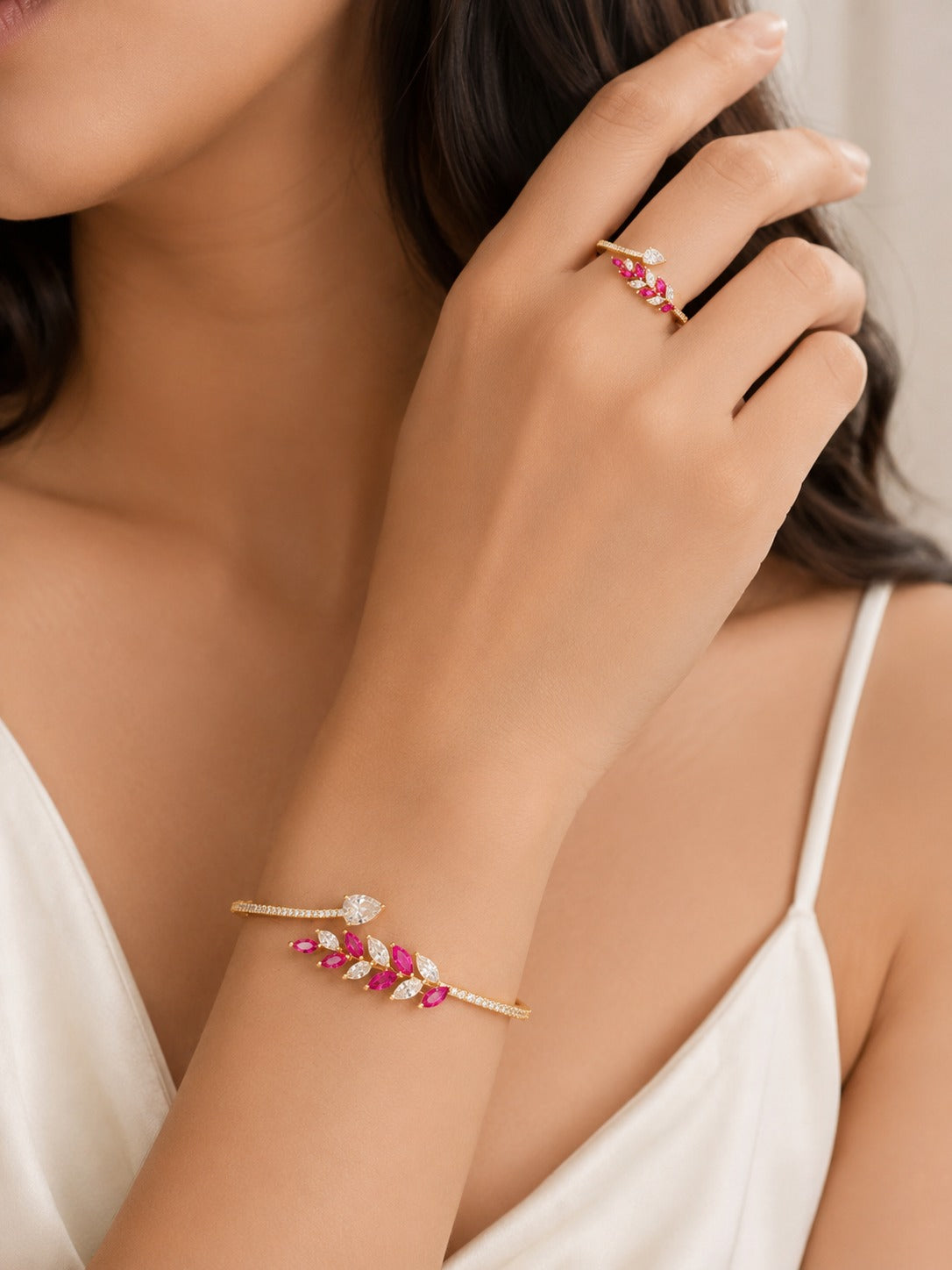Ruby Leaf Crystal Bracelet & Ring Set - Zari and Zevar