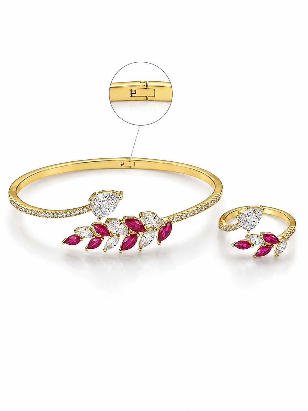 Ruby Leaf Crystal Bracelet & Ring Set - Zari and Zevar