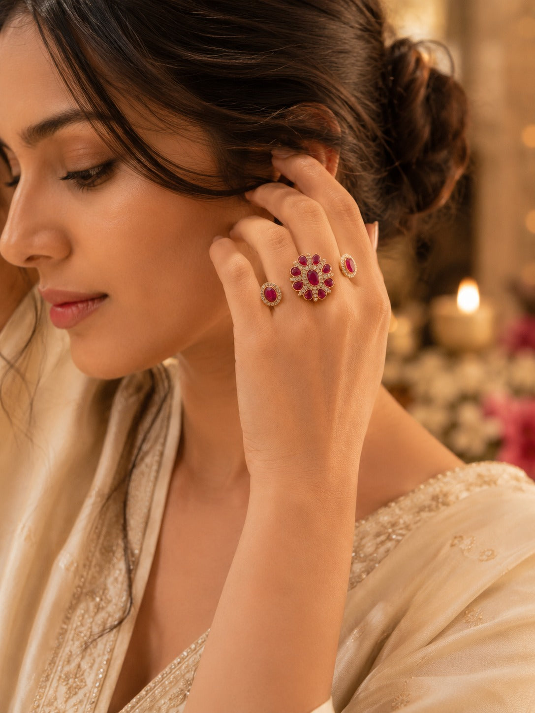 Ruby Polki Stone Ring - Zari and Zevar