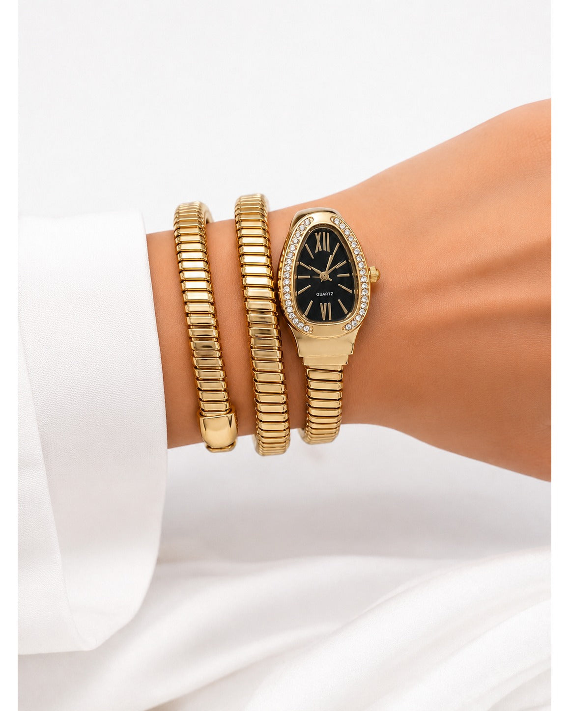 Serpentine Luxe Watch Golden Belt Black Dial - Zari and Zevar