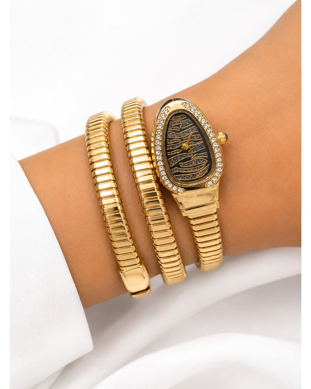 Serpentine Luxe Watch Golden Belt Sparkling Black Dial - Zari and Zevar