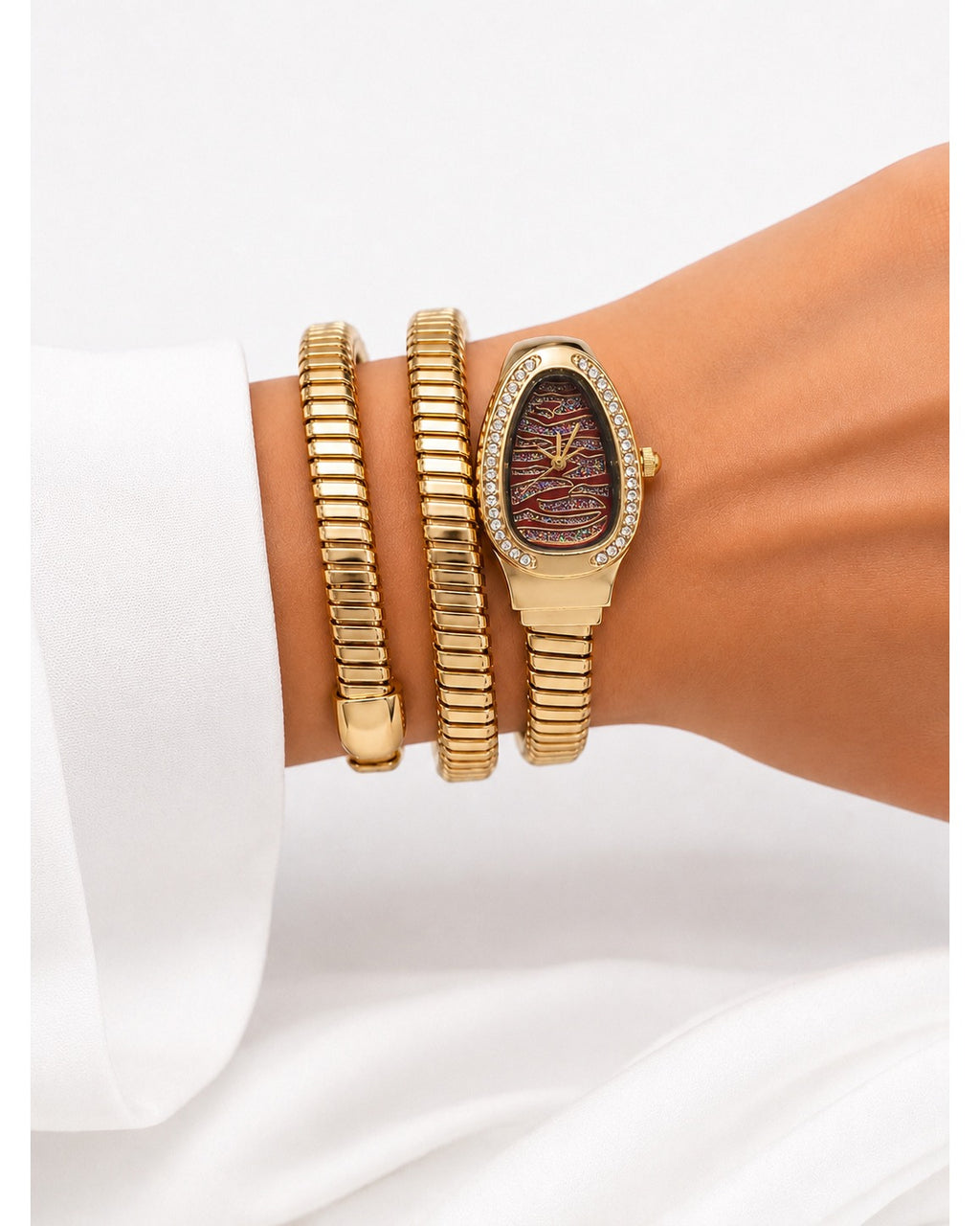 Serpentine Luxe Watch Golden Belt Sparkling Maroon Dial - Zari and Zevar