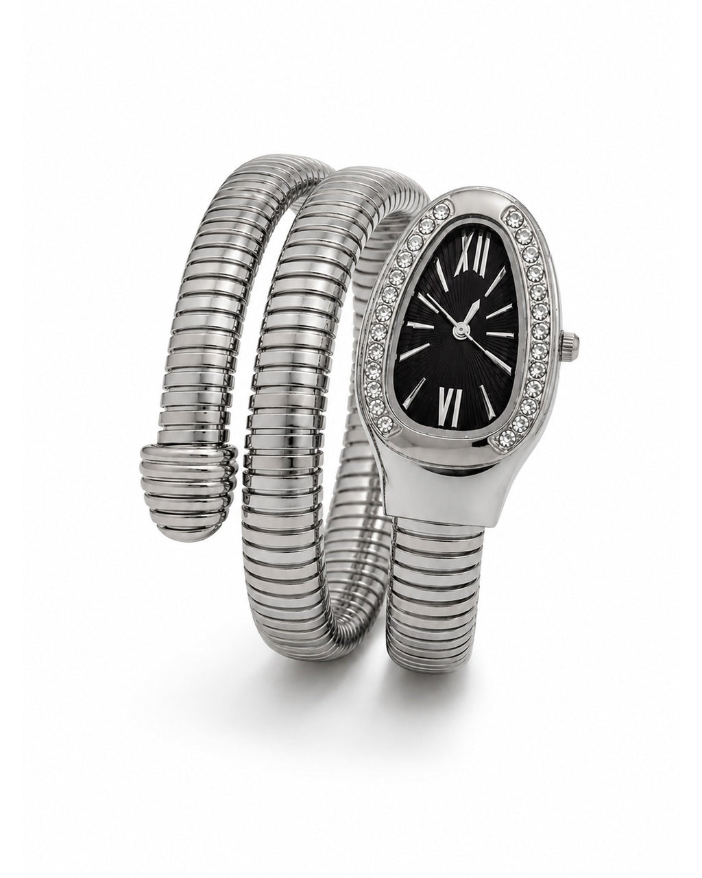 Serpentine Luxe Watch Silver Belt Black Dial - Zari and Zevar