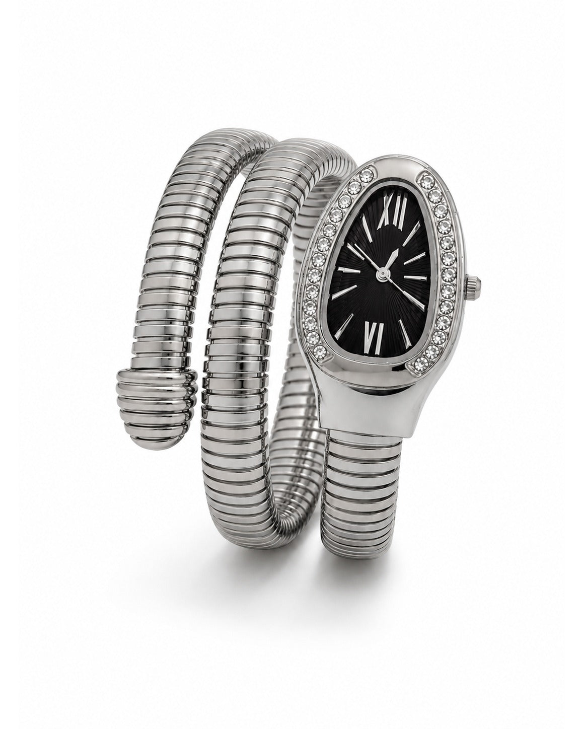 Serpentine Luxe Watch Silver Belt Black Dial - Zari and Zevar
