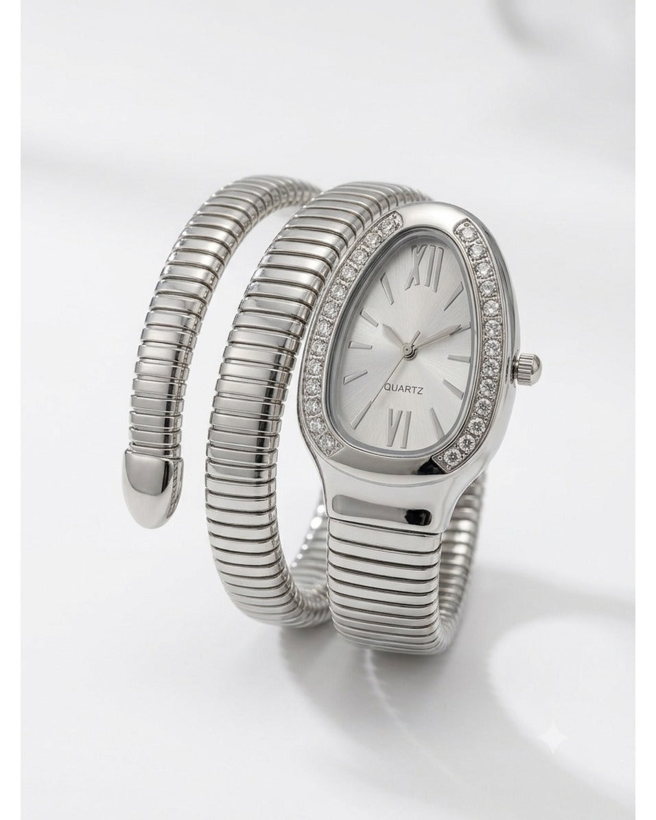 Serpentine Luxe Watch Silver Belt White Dial - Zari and Zevar