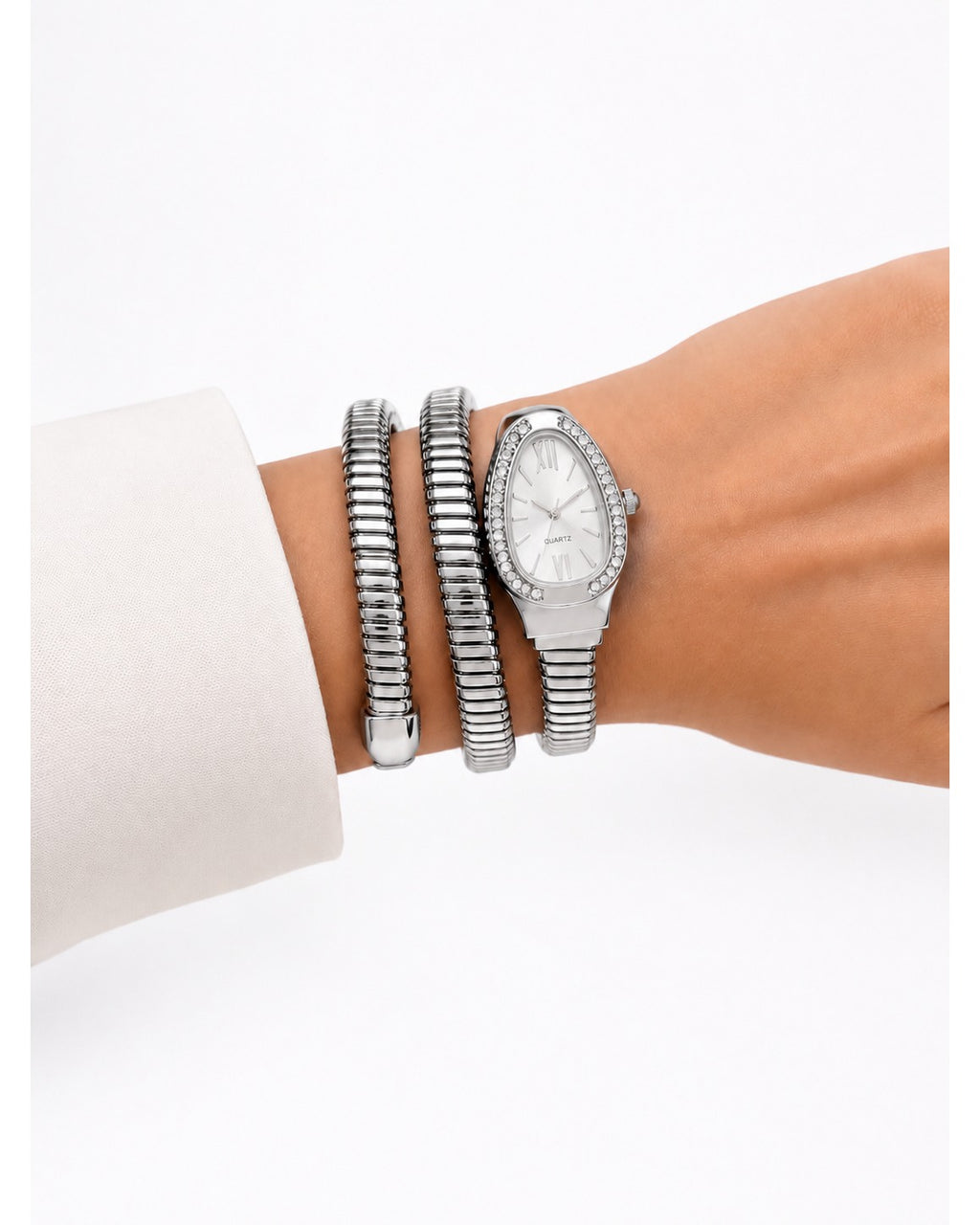 Serpentine Luxe Watch Silver Belt White Dial - Zari and Zevar
