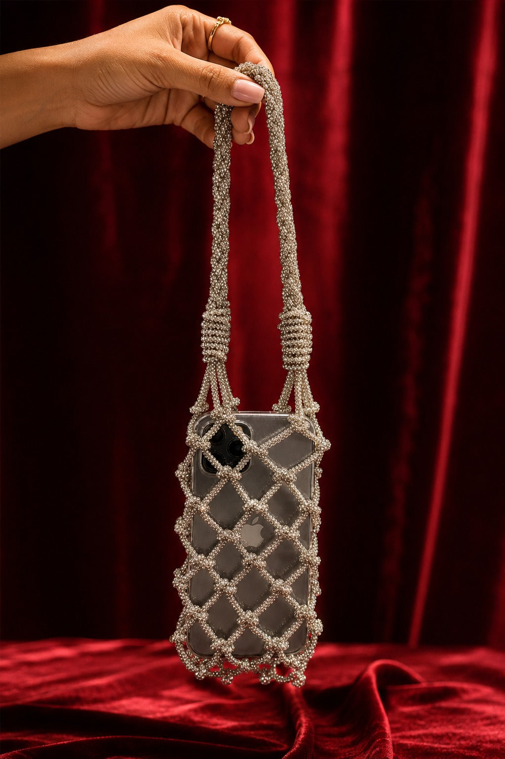 Silver Rhinestone Mesh Handheld Phone Sling - Zari and Zevar