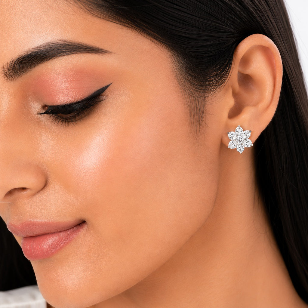 Sparkling Six-Petal Floral Studs - Zari and Zevar
